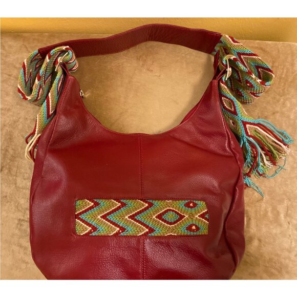 Macoly dark red leather pocketbook with wide zigzag woven strap - Picture 5 of 11